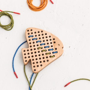 Wooden Lacing Triangle FISH, Montessori inspired threading toy for toddlers and kids, perfect for travel activities and games, creative play