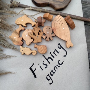 Wooden fishing magnetic game 10 wooden fish Waldorf & Montessori wood motor skills toys Wooden fishing rod