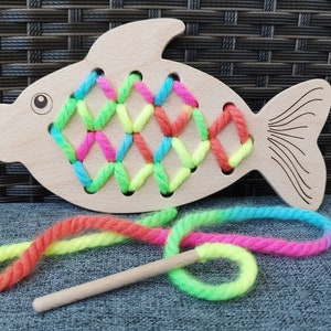 Rainbow fish, Wooden lacing fish, Sewing toy, Wooden montessori toy, Lacing toy, Fish toy, Wooden fish