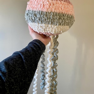 Jumbo Crocheted Velvet Pink Grey & Cream Jellyfish Stuffie | plushie | crochet jellyfish | handmade plushie | stuffed animal | ocean animal